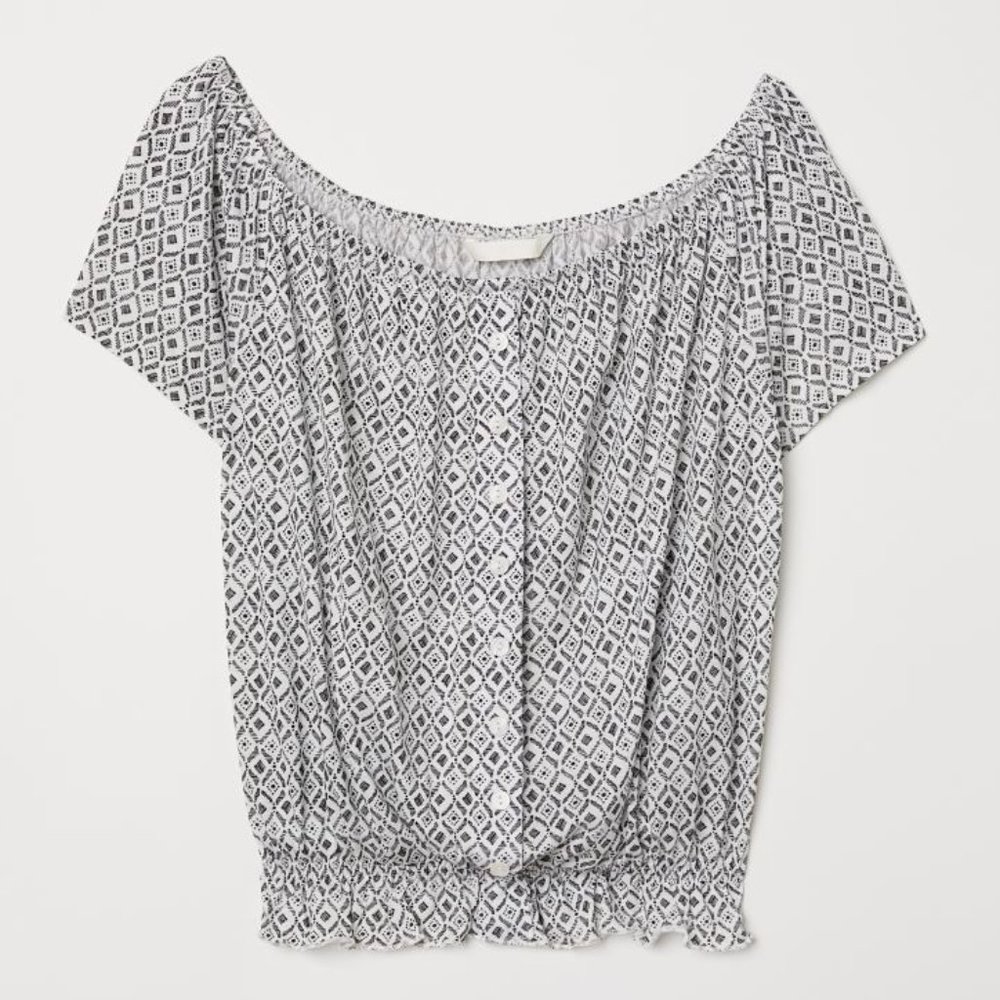 H&M Off The Shoulder Blouse, Medium, Button Detail, Elastic Top, Tribal Pattern